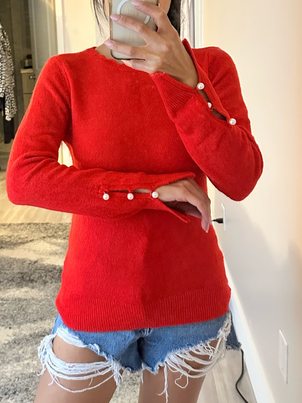 Rachel Parcell Red Pearl-Cuff Crewneck Sweater